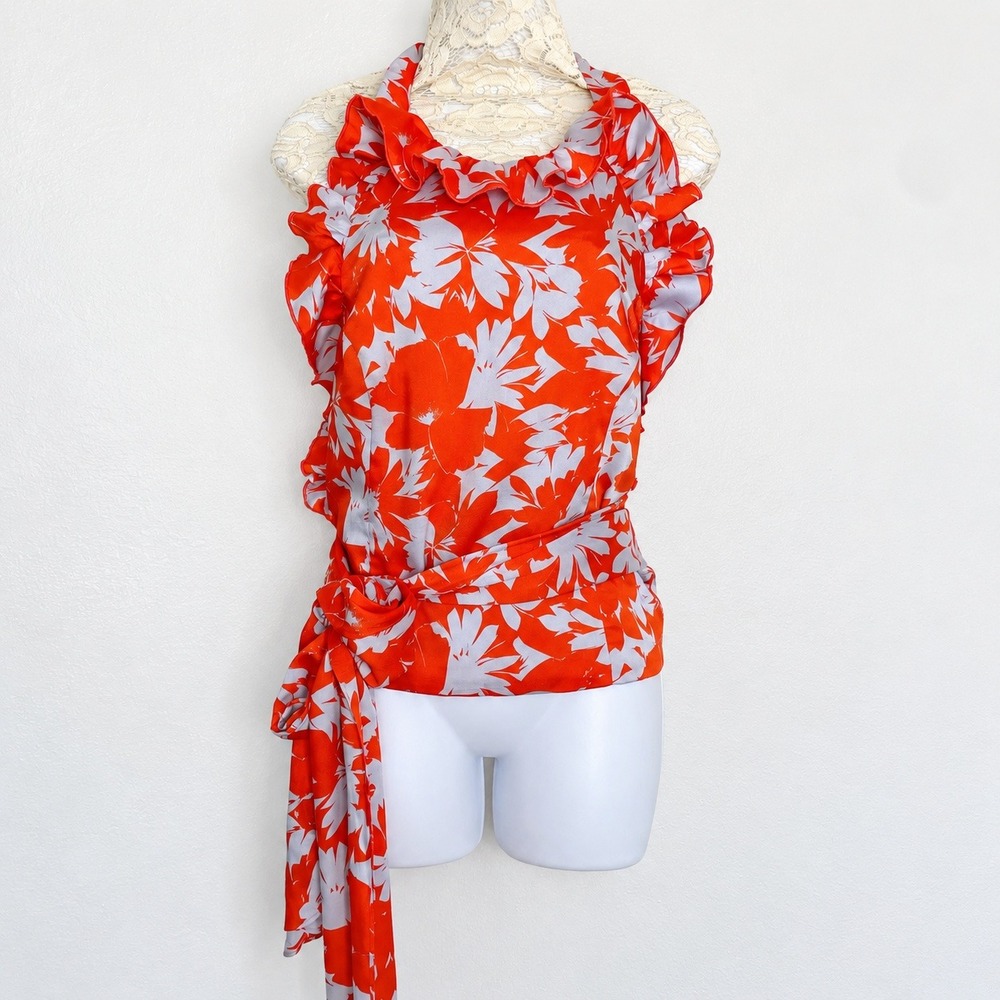 J.Crew Halter Top Sz L Orange Floral Ruffle Tie Waist Smocked Back Statement Top